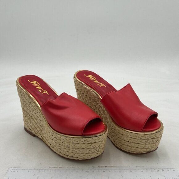 FOWT Red Platform Wedge Sandals Espadrilles Braided Open Toe Slip On Summer Mule - Picture 3 of 7